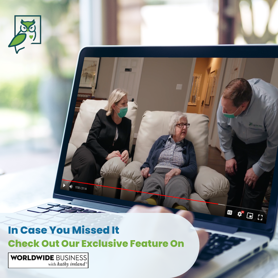 Screenshot of Owl Be There Exclusive Feature on Worldwide Business with kathy ireland®. Man and a woman speaking with an elderly woman showing how Owl Be There can make a difference in the lives of seniors.