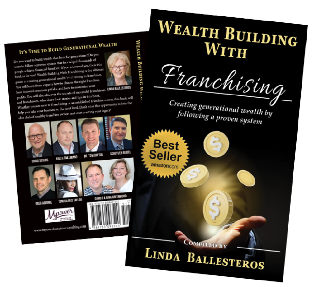 Front and back of a book called "Wealth Building with Franchising" a collection of short stories from franchising leaders compiled by Linda Ballesteros